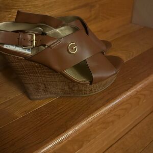 Guess Tan Brown Leather Wedge Sandals with Gold 'G' Accent